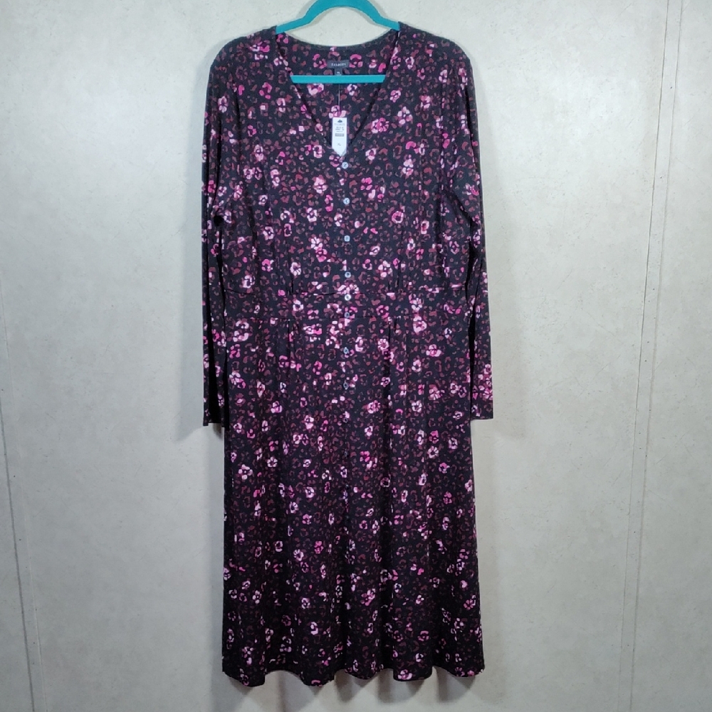 H176 Talbots black and pink floral knit L/S v-neck dress XL NWT